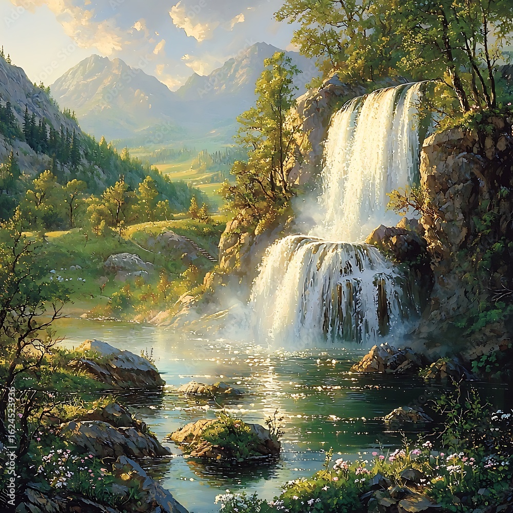 Naklejka premium Majestic Waterfall in a Colorful Meadow High Resolution Picture