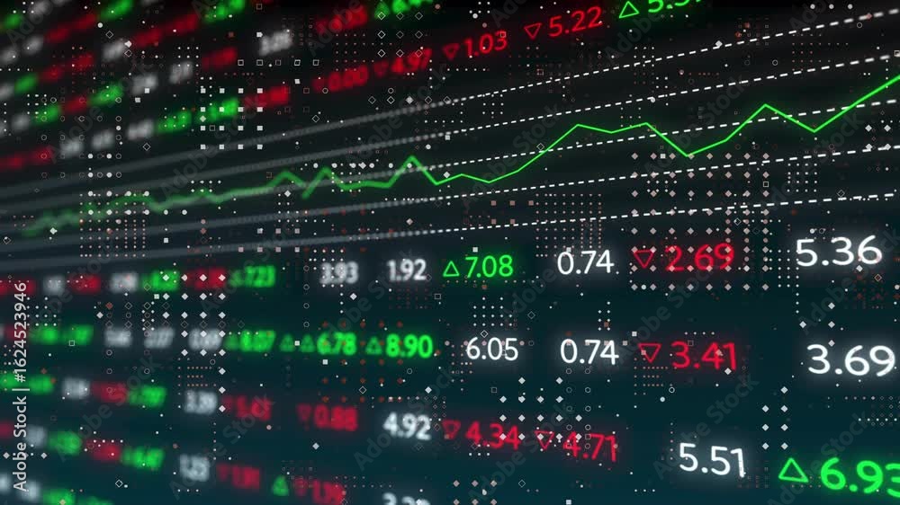 Closeup initiating scrolling ticker display updating prices, triangles ...