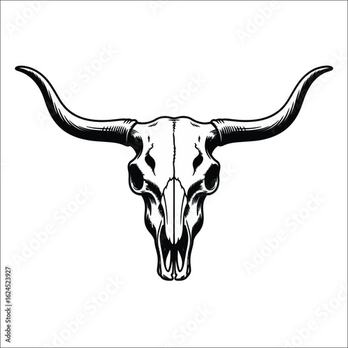 Vintage longhorn bull skull illustration in a monochrome style. Western cattle head skeleton emblem isolated on a white background.
