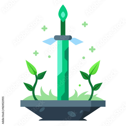 Enchanted Sword Above Druidic Altar with Vines and Glyphs in Clean Design