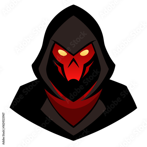 Dark Hooded Rogue with Glowing Red Eyes and Crimson Ambient Fog