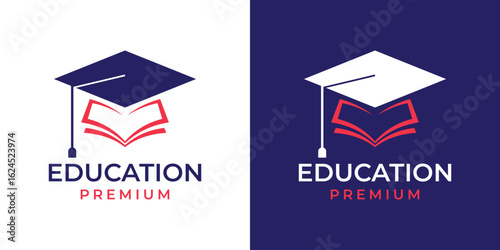 Education Logo with Graduation Cap and Book Design Vector Template. Graduation Scholar Logo Icon Symbol. Design of College, Graduation, Hat, Toga, Book, Creative, Modern. 3