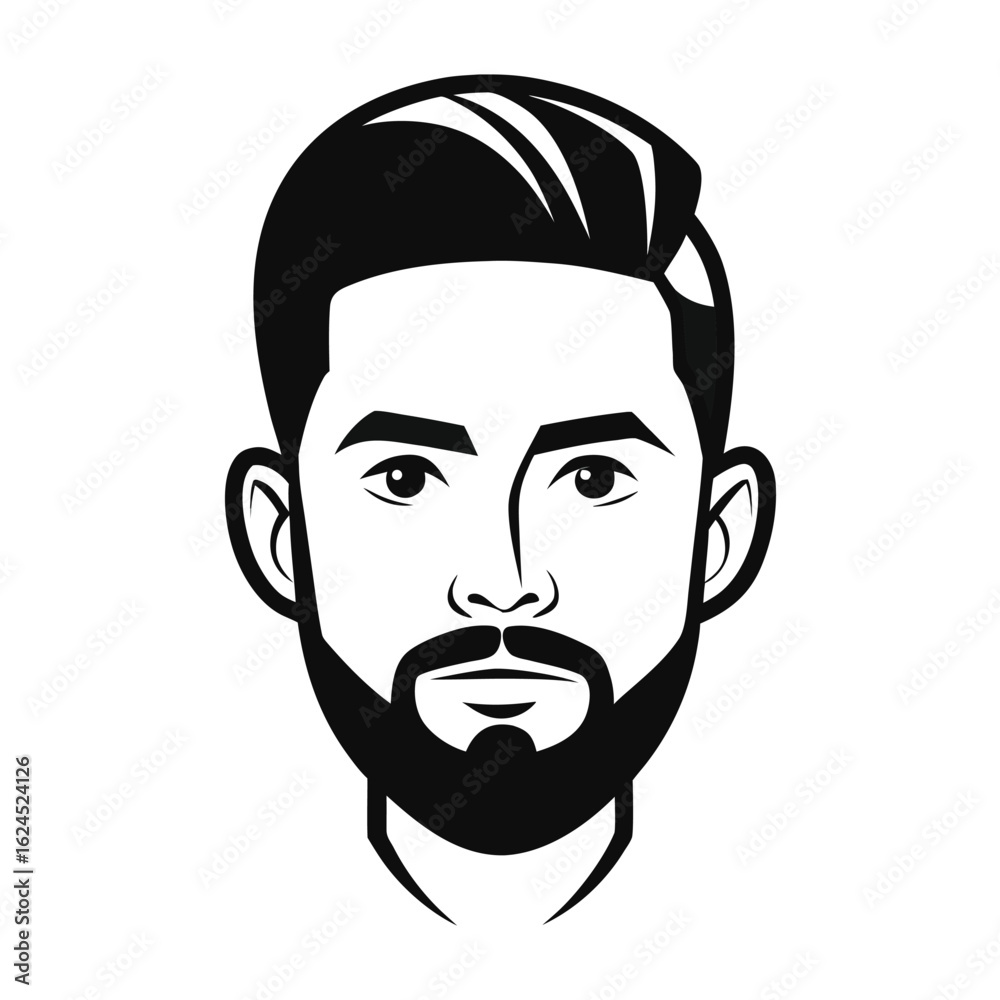 Minimalist black and white illustration of a mans face with a beard and styled hair, presented as a clean profile icon or avatar Minimalist black and white illustration of a mans face with a beard and styled hair, presented as a clean profile icon or avatar