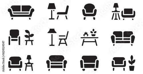 Modern Home Furniture Icons: Sofas, Chairs, and Tables in Black Silhouette