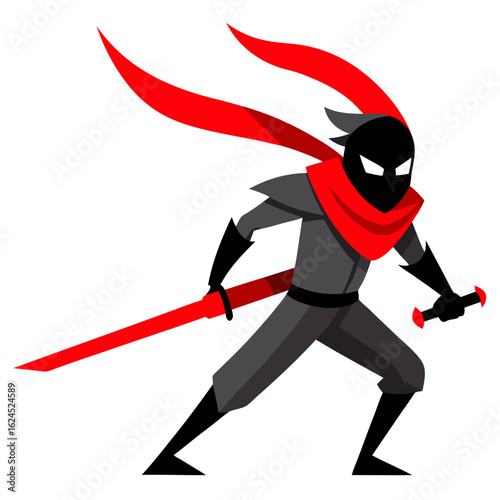 Masked Swordsman with Red Scarf Slashing Through Motion Blur Stripes