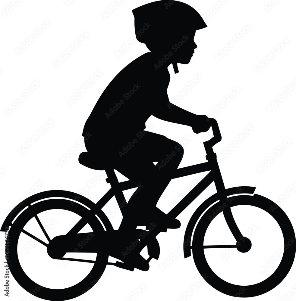 Fototapeta premium Ai generated image of silhouette of a boy riding a bicycle with helmet isolated on white background