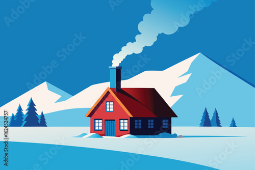 snow covered traditional family house with chimney.eps