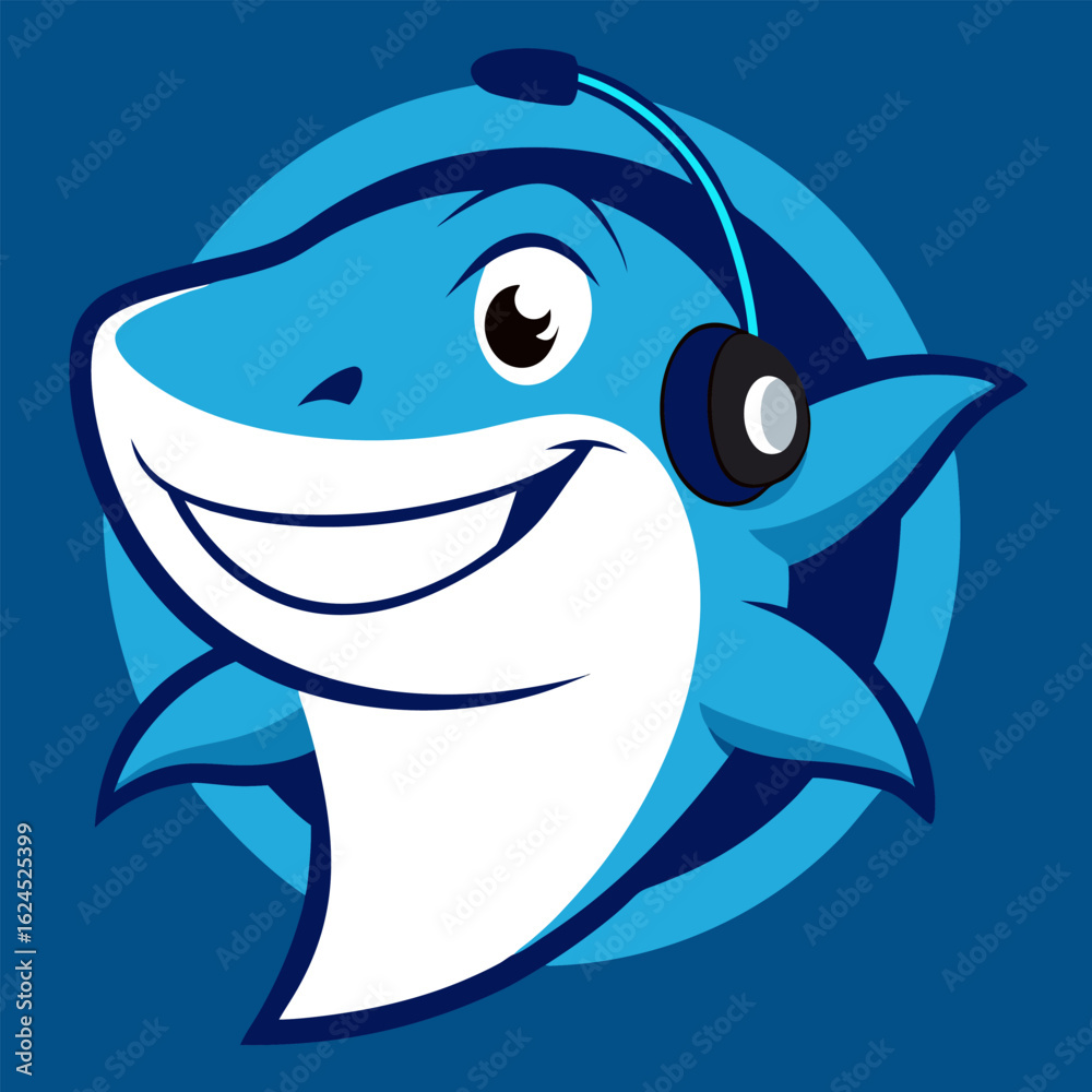 Naklejka premium Gaming Shark Mascot with Headset Over Deep Sea Blue Background
