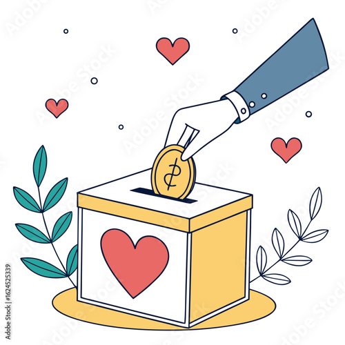 Hand dropping coin into donation box with hearts and leaves isolated on transparent background