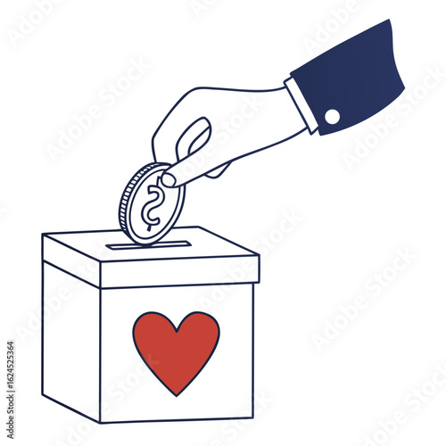 Hand dropping coin into donation box with heart isolated on transparent background