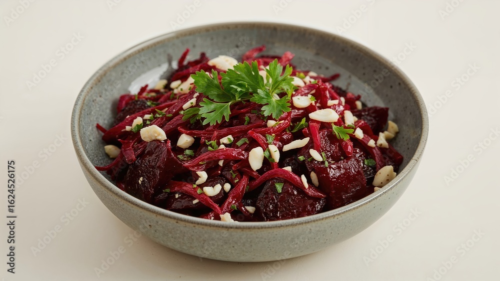 Gray bowl filled with beetroot salad, garlic, and herbs placed on a light-toned surface Gray bowl filled with beetroot salad, garlic, and herbs placed on a light-toned surface