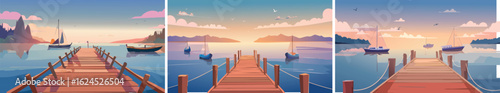 Peaceful Pier: A Rustic Wooden Pier and a Calm Sea at Dusk, Featuring Fishing Boats in a Serene Coastal Scene of Tranquility.