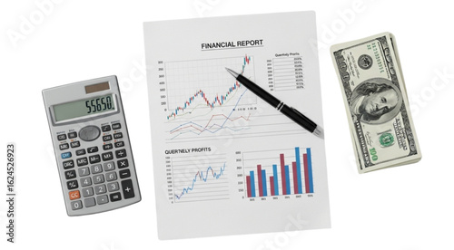 Financial report with calculator, pen, and money showcasing business profit analysis success