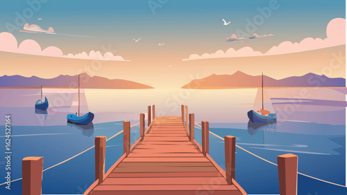 Coastal Twilight: A Serene Scene of a Rustic Wooden Pier at Dusk, Overlooking the Calm Sea with Fishing Boats, Evoking a Sense of Peace.