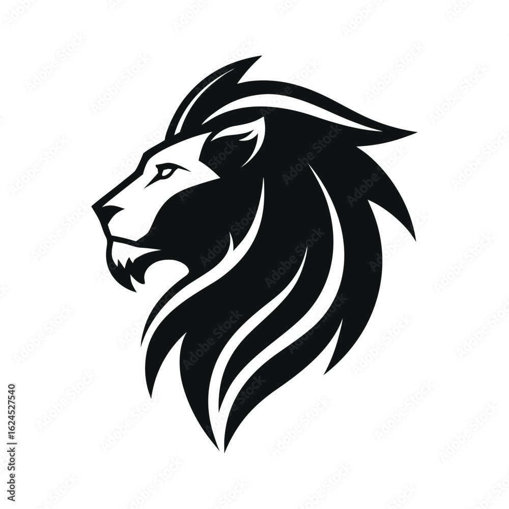 Fototapeta premium Striking graphic representation of a lions head, emphasizing its powerful mane and intense gaze, presented in a clean black and white design, isolated on a white background