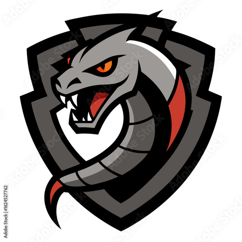 Intimidating Snake with Metallic Shield, Bared Fangs, and Precision Vector Scale Shading