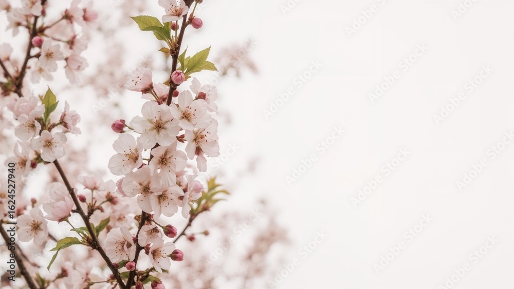 Naklejka premium Delicate Apple Flowers of Spring Laid Out on White. Creative Spring Design with Ample Copy Area. Gently Toned Image. Emphasized Focus.
