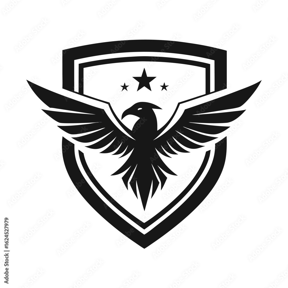 Obraz premium Striking black and white heraldic shield featuring a stylized eagle with outstretched wings, symbolizing power, protection, and freedom, isolated on a clean white background