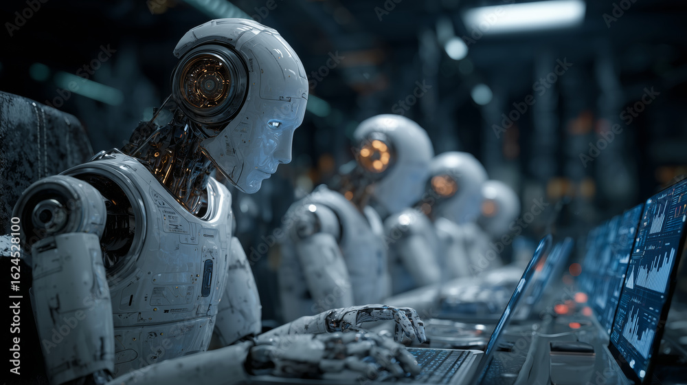 Fototapeta premium Robotic entities working on laptops in a futuristic facility