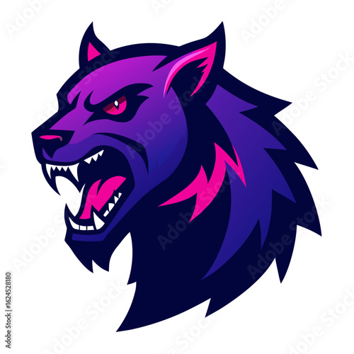 Asymmetric Growling Beast Logo with Exaggerated Features and High-Contrast Neon Style