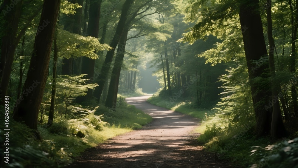 Obraz premium Sunlit Forest Pathway with Dappled Light and Lush Greenery