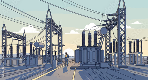 Electrical Substation with Worker and Power Grid Infrastructure Illustration