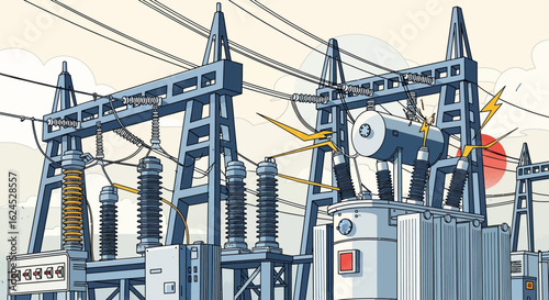 Industrial Power Grid Substation with Electrical Transformers and Transmission Lines Illustration