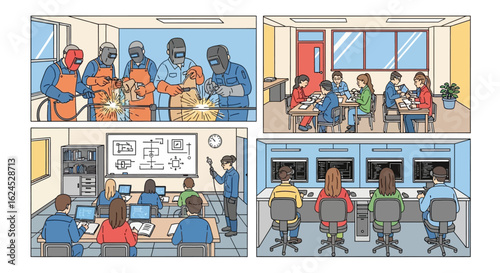 Diverse Professional Training and Work Environments: Manufacturing, Technical Education, and Control Room Operations