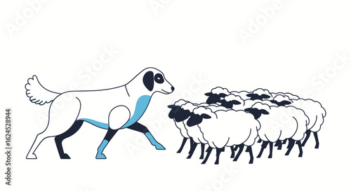 Working Sheepdog Herding a Flock of Sheep Illustration on White Background