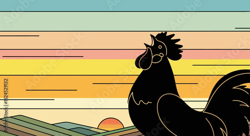 Morning Call: Black Rooster Silhouette Against Stylized Striped Sunrise and Hills