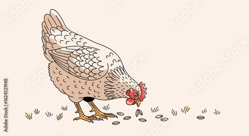 Illustration of a domestic chicken (hen) pecking at seeds on the ground. Farm animal foraging for food.