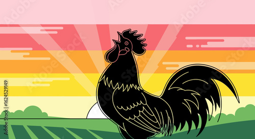 Vibrant Morning Rooster Crowing at Sunrise. Black Cock Silhouette Against Colorful Sky and Green Farm Fields. Dawn Scene.