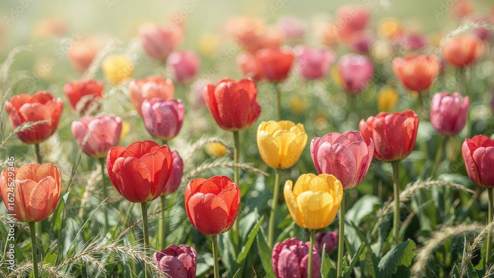 Fototapeta premium Close-up of bright tulip blooms spread across a scenic meadow, perfect springtime floral pattern.