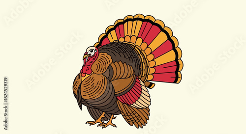 Colorful cartoon turkey illustration with fanned tail feathers, perfect for Thanksgiving and autumn holiday designs
