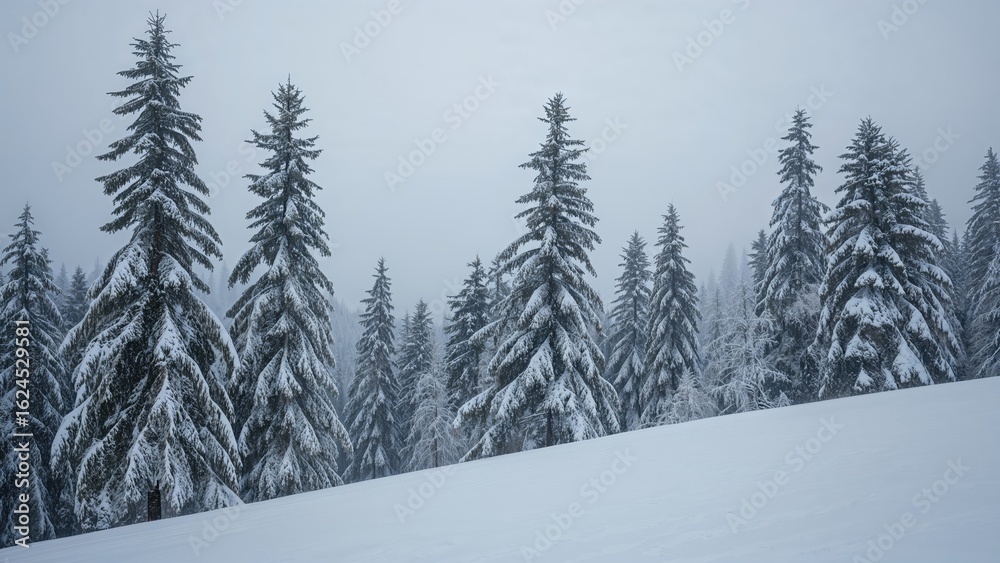 Obraz premium Enchanting winter forest with fir trees blanketed in snow
