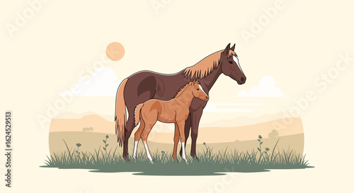 Mare and Foal Standing in Grassy Field. Mother Horse and Baby Foal Illustration. Equine Family.