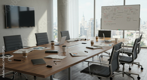 A messy boardroom table with documents and coffee after a brainstorming session in a city office.