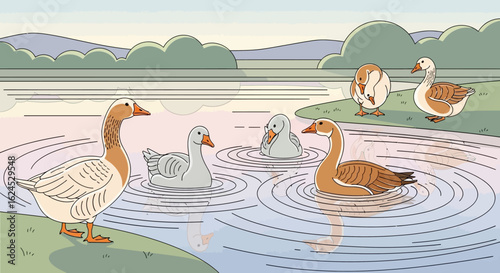 Waterfowl on a serene lake shore and in water, with a natural landscape background in a peaceful, flat illustration style.