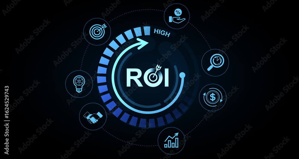 Fototapeta premium ROI high return on investment concept with glowing icons including money, analytics, growth, idea, and target on dark background. 3D Rendering