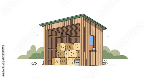 Farm shed with hay bales, rural agricultural storage building illustration