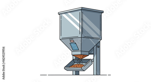 Automatic pet food dispenser illustration. Smart feeder machine dispensing kibble into a tray, modern pet care technology.