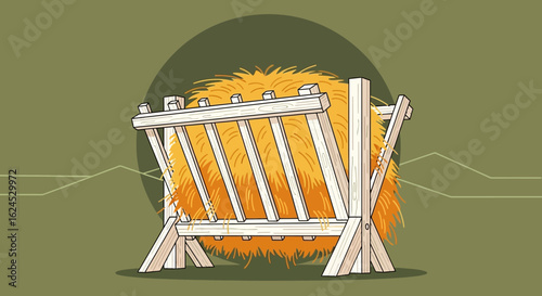 Rustic Wooden Hay Feeder with Golden Hay Illustration on a Green Background