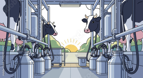 Modern Automated Milking Parlor with Dairy Cows at Sunrise on a Farm