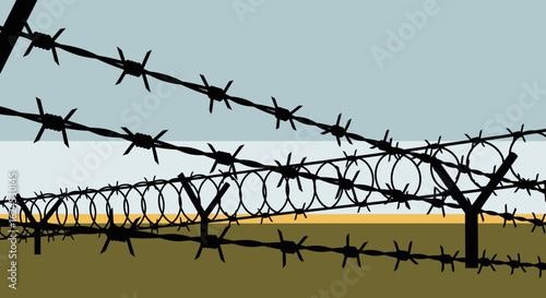 Barbed wire and razor wire fences stretching across a desolate landscape. Concept of security, borders, and restriction.