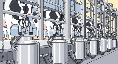 Automated Milking Parlor with Dairy Cows. Modern Farm Milking Process Illustration with Holstein Cattle & Steel Milk Cans.