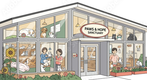 Illustrated animal sanctuary building with diverse pets and caring staff, a welcoming adoption and rescue center
