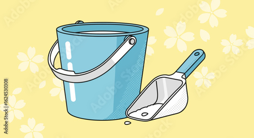 Blue Bucket and White Scoop Illustration with Floral Background
