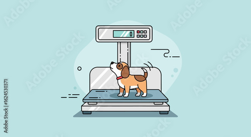 Cute cartoon dog on a weight scale. Pet health, veterinary care, and animal well-being concept illustration.