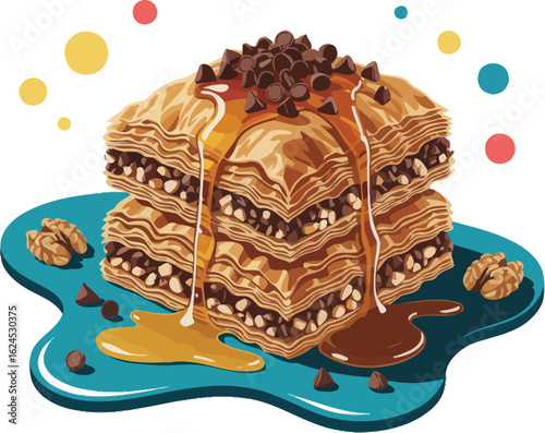 A stack of baklava with chocolate chips and syrup on a blue plate with walnuts and dots around it