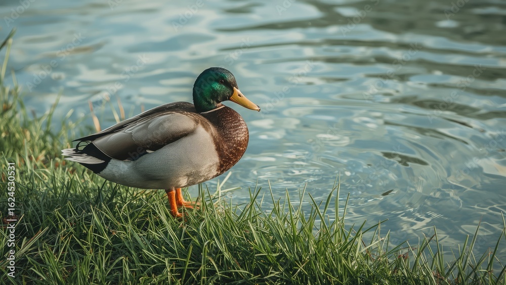 Obraz premium Lovely female duck amid green grass with water backdrop